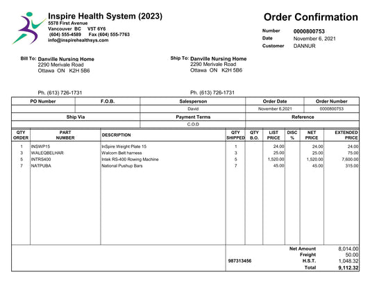 Order Confirmation - Landscape Format