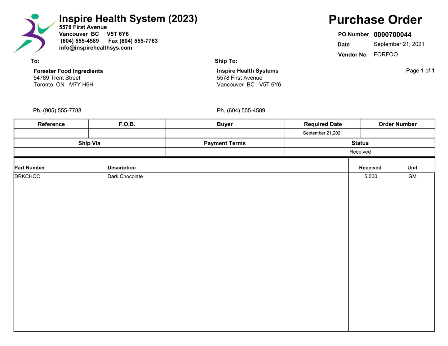 Purchase Order Pickup Copy - Landscape Format