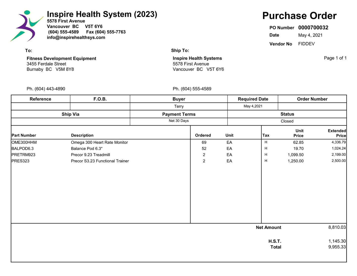 Purchase Order Reprint - Landscape Format